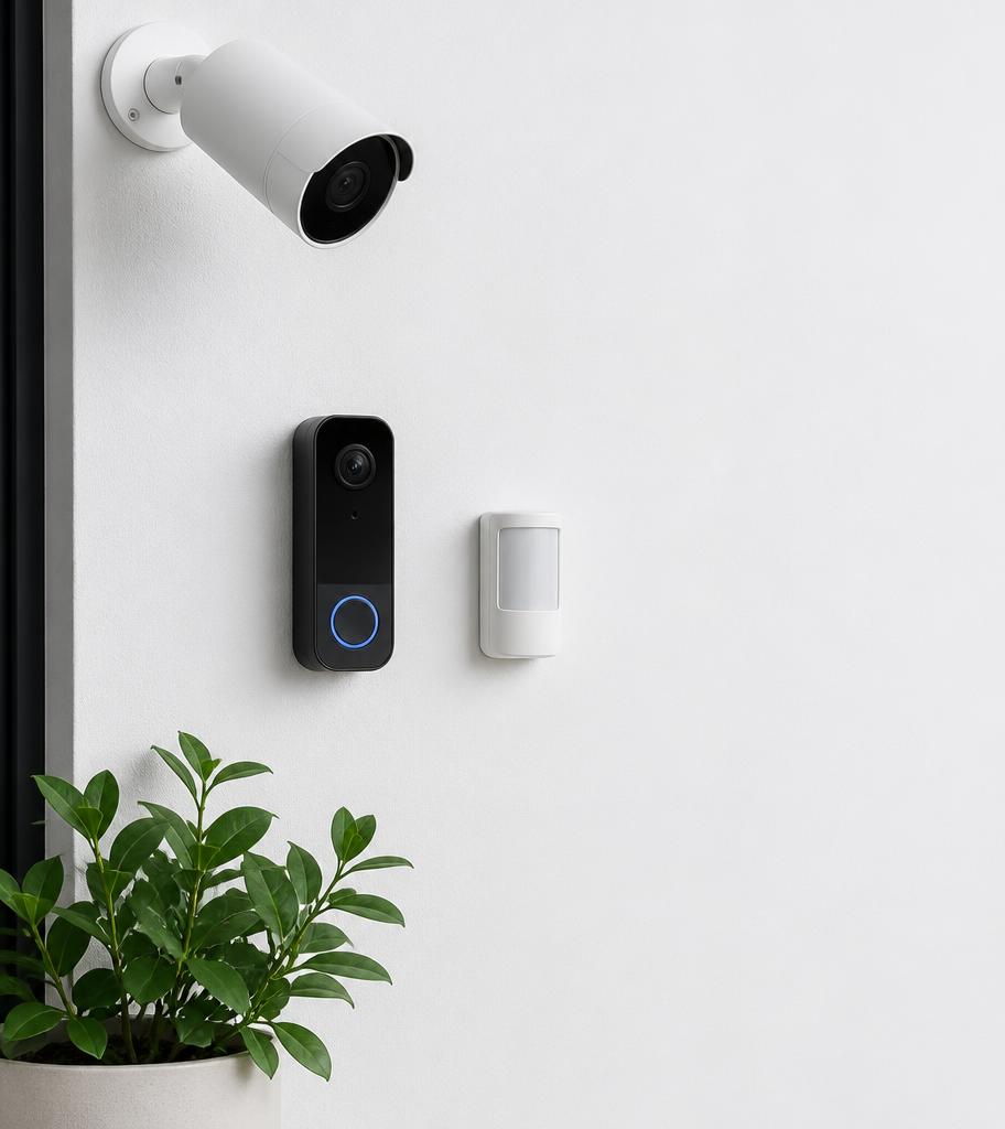 Security camera, video doorbell and motion sensor installed on a home wall