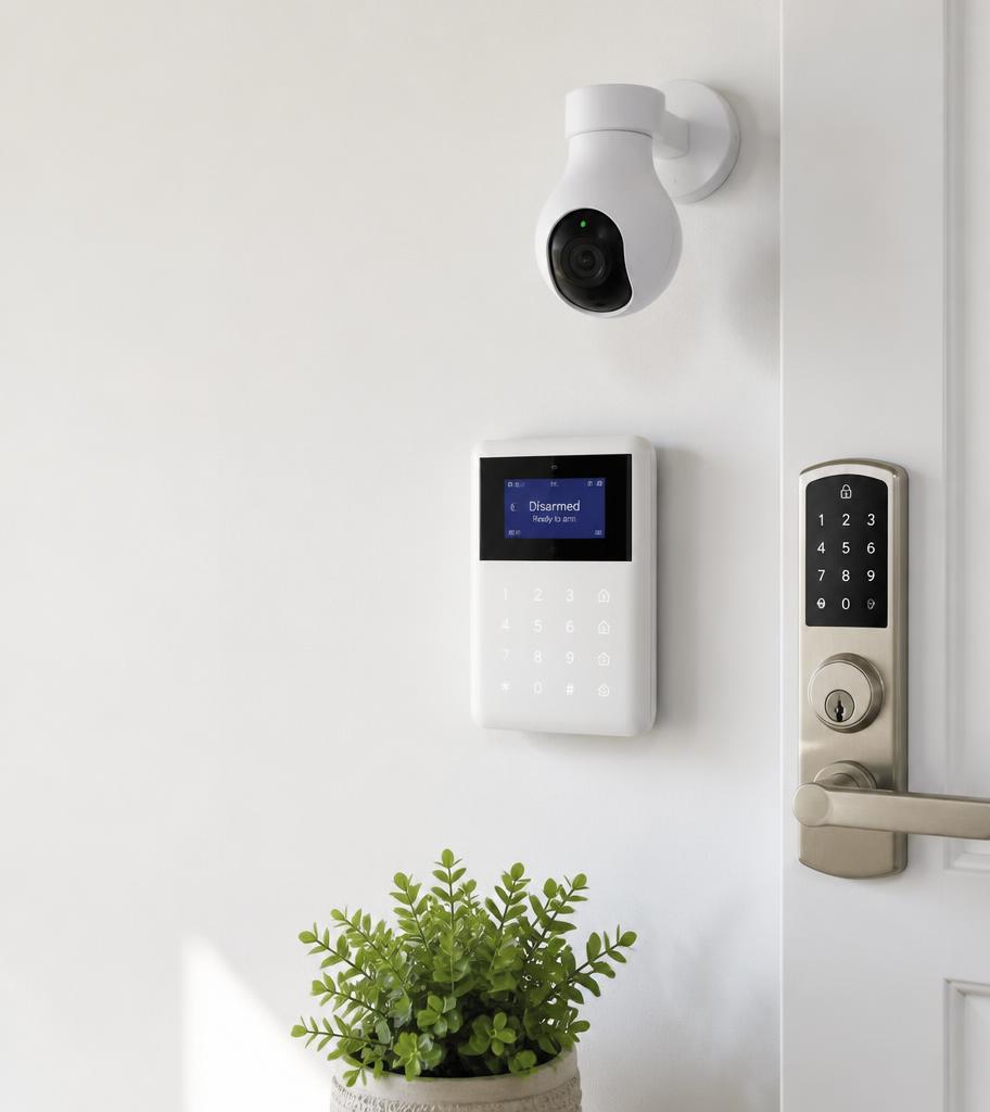 Alarm keypad, dome camera and smart lock installed on a home wall